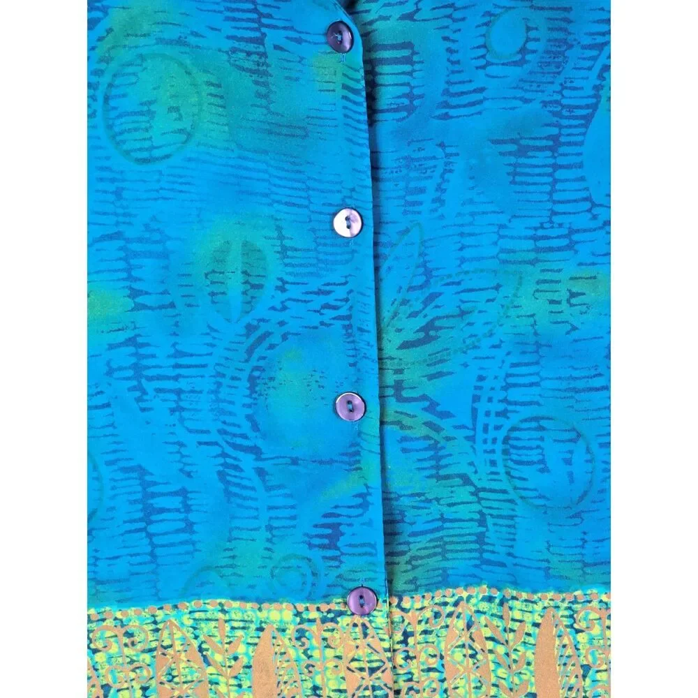 IN Studio Blouse Teal XL Vintage 90s Border Print Boho Side Slits